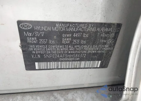 2017 Hyundai Sonata z USA, uszkodzony, nr VIN 5NPE24AF5HH584372